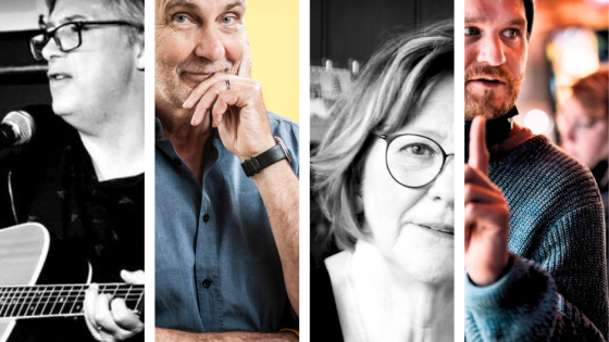 Portretfoto's van muziekjournalist Dirk Steenhaut, wielerverslaggever Rik Vanwalleghem, auteur Diane De Keyzer en regisseur Wannes Destoop